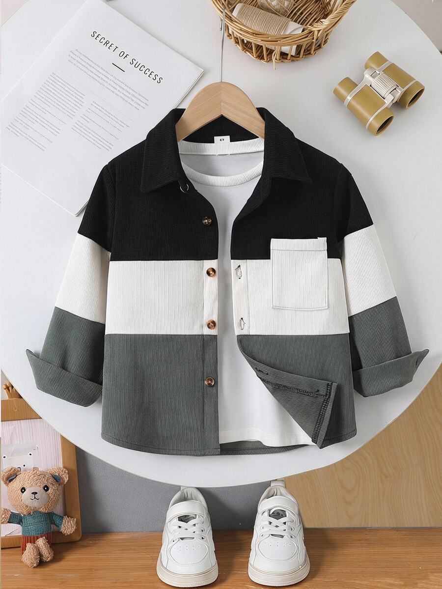 SHEIN Genkimix Kids Young Boys' Colorblock Corduroy Button Up Shirt Jacket, Casual Long Sleeve Shacket - Green - View 1