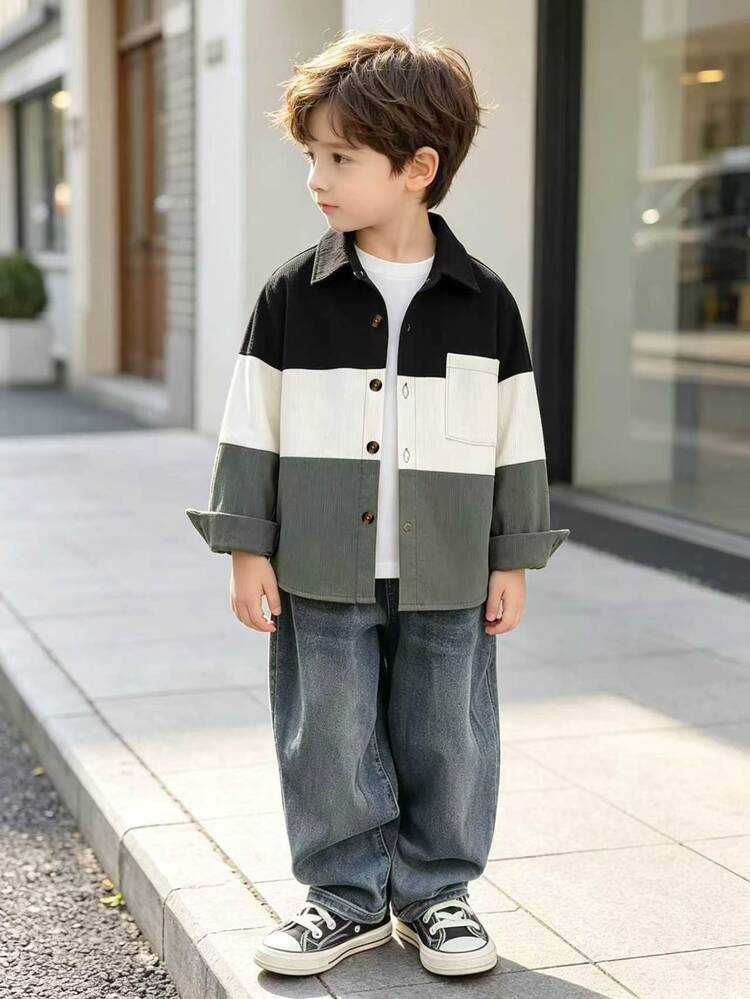 SHEIN Genkimix Kids Young Boys' Colorblock Corduroy Button Up Shirt Jacket, Casual Long Sleeve Shacket - Green - View 2