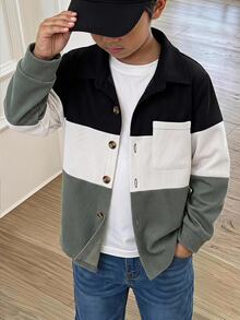 SHEIN Genkimix Kids Young Boys' Colorblock Corduroy Button Up Shirt Jacket, Casual Long Sleeve Shacket - Green - View 4