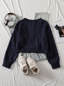 Tween Girl) Navy Blue Cable Knit Pullover Sweater, Long Sleeve, Suitable For Spring, Autumn, Winter, Pairs With Jeans, Jackets, Padded Coats - Navy Blue - View 2
