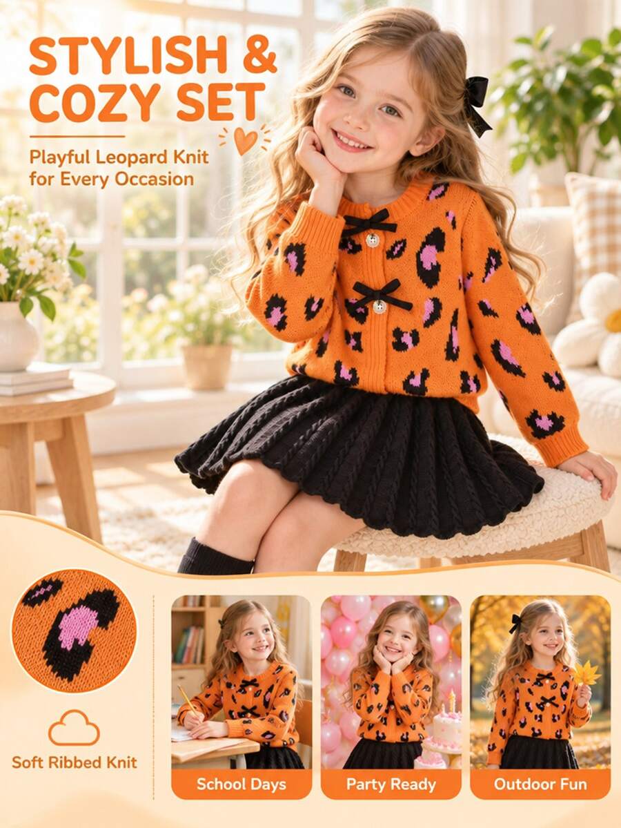 Young Girl Autumn/Winter Casual Leopard Print Bow Decor Sweater & Knitted Skirt Set Pullover - Multicolor - View 1