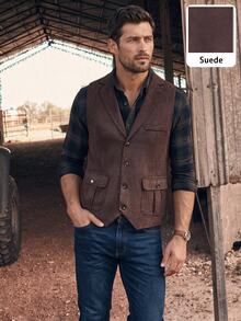 DREXORIN Men's Business Double Pocket Design Vest, Classic Autumn/Winter Mature Style Inner Layer Business Commute Suede Velvet Suit Vest, Brown, Formal - Rust Brown - View 5