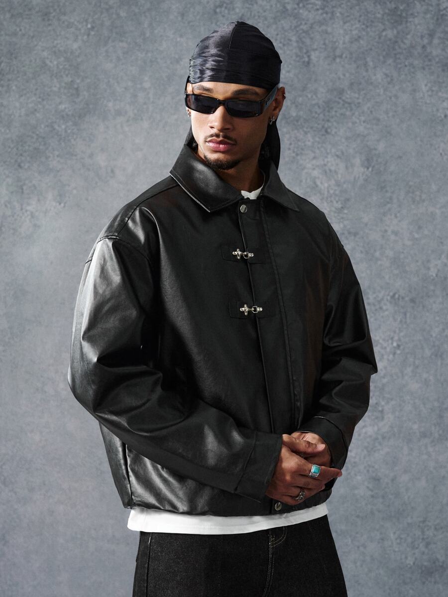 PAVTROS Men's Long Sleeve Zipper PU Jacket - Black - View 1