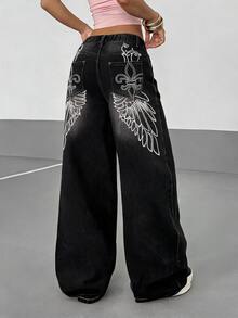StreetHx 女款線條刺繡水洗磨損寬鬆鈕扣牛仔長褲 - 黑色 - 查看 5