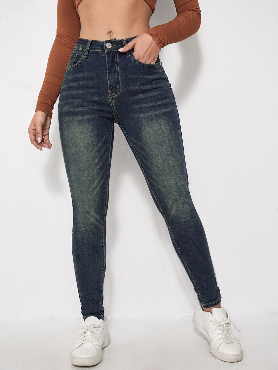 Flexra Celana Jeans Denim Kasual Serbaguna Slim Fit Wanita dengan Kantong - Dark Wash - View 1