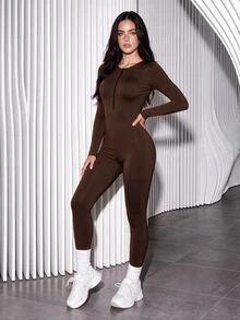 Slayform Slayform Women's Minimalist Fashion Zipper Long Sleeve Long Jumpsuit - Brown - View 3