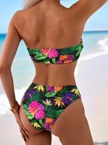 SHEIN Swim 2pcs Set Bikini Tanpa Tali Motif Bunga untuk Wanita, Pakaian Renang Liburan, Untuk Pantai Musim Panas - MultiWarna - View 2