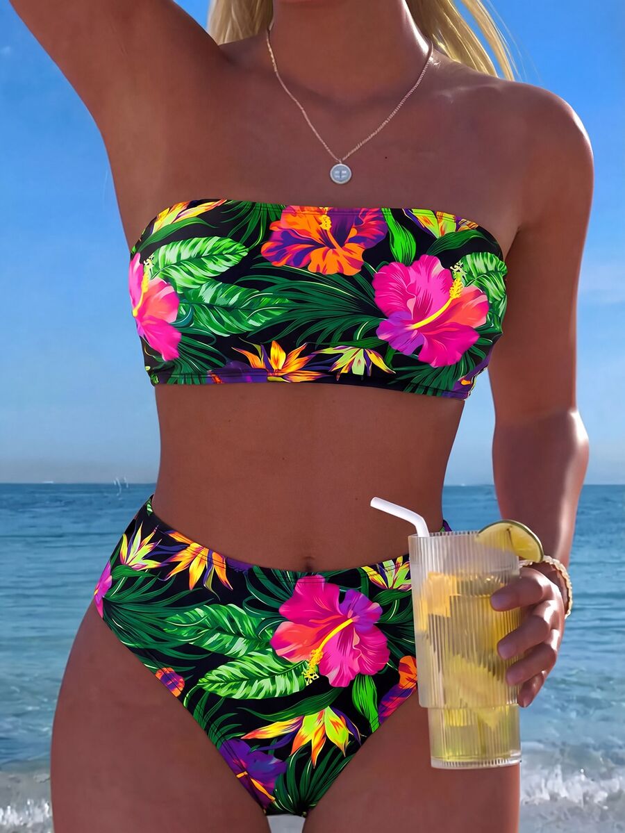 SHEIN Swim 2pcs Set Bikini Tanpa Tali Motif Bunga untuk Wanita, Pakaian Renang Liburan, Untuk Pantai Musim Panas - MultiWarna - View 1