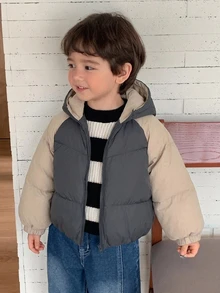 Dazy Kids Áo khoác có mũ phối màu patchwork phong cách thường ngày đa năng cho bé trai mùa đông - Xám - Xem 7