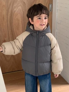 Dazy Kids Áo khoác có mũ phối màu patchwork phong cách thường ngày đa năng cho bé trai mùa đông - Xám - Xem 6