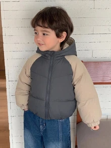Dazy Kids Áo khoác có mũ phối màu patchwork phong cách thường ngày đa năng cho bé trai mùa đông - Xám - Xem 3