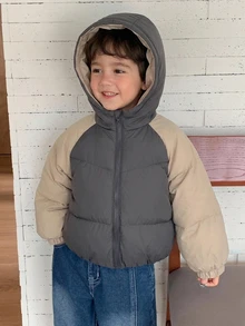 Dazy Kids Áo khoác có mũ phối màu patchwork phong cách thường ngày đa năng cho bé trai mùa đông - Xám - Xem 4