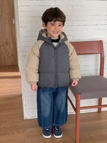 Dazy Kids Áo khoác có mũ phối màu patchwork phong cách thường ngày đa năng cho bé trai mùa đông - Xám - Xem 2