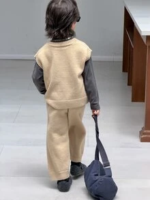 Transformers Gen 1 X DAZY Young Boy Autumn/Winter Letter Pattern Single-Breasted Knit Vest And Knit Long Pants Casual Set - Khaki - View 4