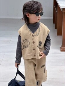 Transformers Gen 1 X DAZY Young Boy Autumn/Winter Letter Pattern Single-Breasted Knit Vest And Knit Long Pants Casual Set - Khaki - View 7
