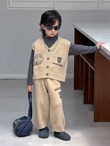 Transformers Gen 1 X DAZY Young Boy Autumn/Winter Letter Pattern Single-Breasted Knit Vest And Knit Long Pants Casual Set - Khaki - View 3