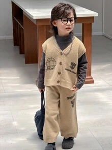 Transformers Gen 1 X DAZY Young Boy Autumn/Winter Letter Pattern Single-Breasted Knit Vest And Knit Long Pants Casual Set - Khaki - View 1