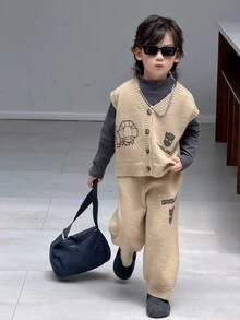 Transformers Gen 1 X DAZY Young Boy Autumn/Winter Letter Pattern Single-Breasted Knit Vest And Knit Long Pants Casual Set - Khaki - View 5