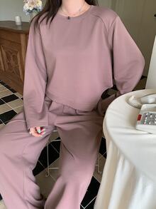 Dazy Plus Solid Color Asymmetric Sweatshirt And Wide Leg Pants, Soft Purple Casual 2 Pieces Set - Pink - View 5