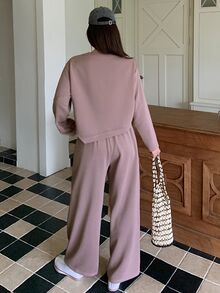 Dazy Plus Solid Color Asymmetric Sweatshirt And Wide Leg Pants, Soft Purple Casual 2 Pieces Set - Pink - View 2