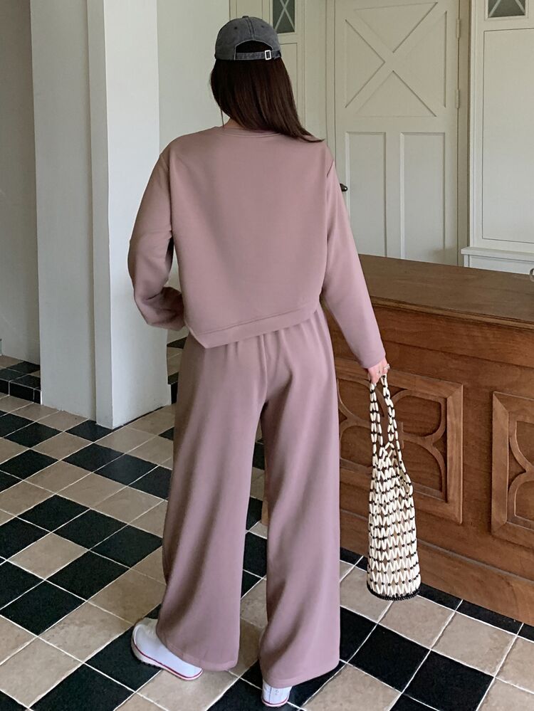 Dazy Plus Solid Color Asymmetric Sweatshirt And Wide Leg Pants, Soft Purple Casual 2 Pieces Set - Pink - View 2