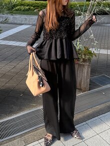 FRIFUL Women's Autumn Solid Color Contrast Mesh & Fur Fabric Long Pants 2 Pieces Set - Black - View 6