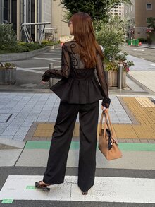 FRIFUL Women's Autumn Solid Color Contrast Mesh & Fur Fabric Long Pants 2 Pieces Set - Black - View 2