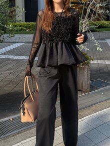 FRIFUL Women's Autumn Solid Color Contrast Mesh & Fur Fabric Long Pants 2 Pieces Set - Black - View 5