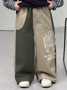 Transformers Evergreen X DAZY Young Boy Letter Print Colorblock Wide Leg Loose Casual Denim Jeans - Khaki - View 1