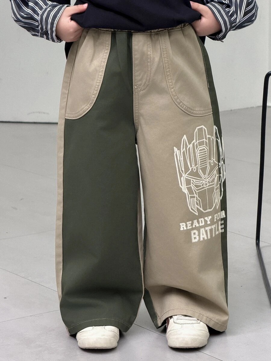 Transformers Evergreen X DAZY Young Boy Letter Print Colorblock Wide Leg Loose Casual Denim Jeans - Khaki - View 1