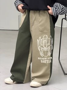 Transformers Evergreen X DAZY Young Boy Letter Print Colorblock Wide Leg Loose Casual Denim Jeans - Khaki - View 6