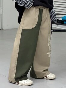 Transformers Evergreen X DAZY Young Boy Letter Print Colorblock Wide Leg Loose Casual Denim Jeans - Khaki - View 4