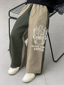 Transformers Evergreen X DAZY Young Boy Letter Print Colorblock Wide Leg Loose Casual Denim Jeans - Khaki - View 2