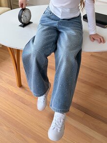 Dazy Kids Tween Girl) Straight Leg Rhinestone Loose Casual Belt Tie Denim Jeans, Autumn/Winter - Light Wash - View 6
