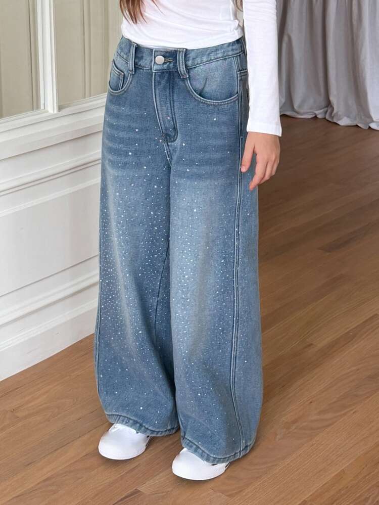 Dazy Kids Tween Girl) Straight Leg Rhinestone Loose Casual Belt Tie Denim Jeans, Autumn/Winter - Light Wash - View 3