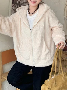 Dazy Plus Hooded Thick Lamb Thermal Fabric Loose Casual Versatile Thermal-Lined Sweatshirt Autumn/Winter New Style - Beige - View 5