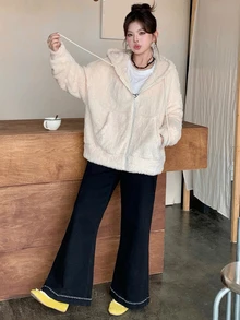 Dazy Plus Hooded Thick Lamb Thermal Fabric Loose Casual Versatile Thermal-Lined Sweatshirt Autumn/Winter New Style - Beige - View 4