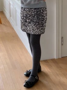 DAZY Girls' Gray Sequin Velvet Skirt, Skirt, Autumn - Grey - View 7
