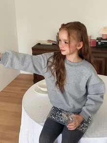 DAZY Girls' Grey Loose Casual Thermal Lined Basic Solid Color Sweatshirt, Autumn/Winter - Grey - View 6