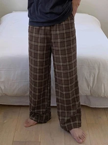 DAZY Brown Plaid Brushed Fabric Elastic Waist Long Pants Men's Loungewear Bottoms Spring/Autumn - Brown - View 8