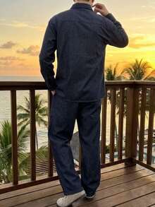 DAZY Men's Turn-Down Collar Single-Breasted Long Sleeve Top And Solid Color Long Pants Denim Set - Navy Blue - View 2