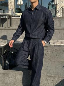 DAZY Men's Turn-Down Collar Single-Breasted Long Sleeve Top And Solid Color Long Pants Denim Set - Navy Blue - View 6