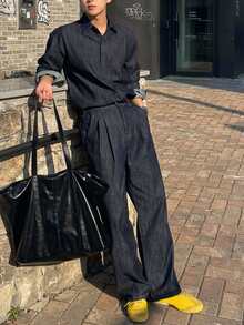 DAZY Men's Turn-Down Collar Single-Breasted Long Sleeve Top And Solid Color Long Pants Denim Set - Navy Blue - View 7