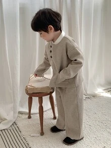 DAZY Infant Boys Round Neck Solid Color Casual Jacket Set - Apricot - View 8