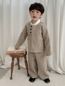 DAZY Infant Boys Round Neck Solid Color Casual Jacket Set - Apricot - View 3