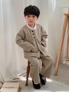 DAZY Infant Boys Round Neck Solid Color Casual Jacket Set - Apricot - View 6