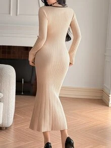 DAZY Autumn/Winter Women's Elegant Date & Commute Knit Sweater Dress, Apricot & Black Contrast Color Trim, Collared, Button-Front, Ribbed, Slim Fit With Fishtail Hem - Apricot - View 2