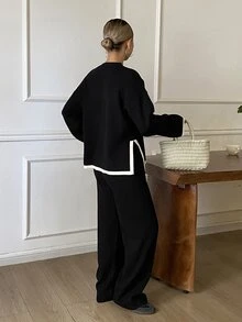 DAZY Autumn/Winter Round Neck Black & White Contrast Trim Loose Knit Sweater & Wide Leg Pants Casual Commute Daily Women's 2 Pieces Set - Black - View 2