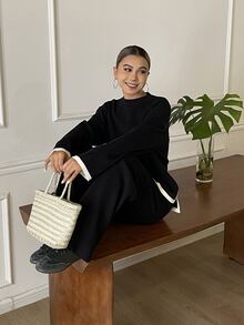 DAZY Autumn/Winter Round Neck Black & White Contrast Trim Loose Knit Sweater & Wide Leg Pants Casual Commute Daily Women's 2 Pieces Set - Black - View 6