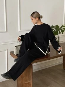DAZY Autumn/Winter Round Neck Black & White Contrast Trim Loose Knit Sweater & Wide Leg Pants Casual Commute Daily Women's 2 Pieces Set - Black - View 1